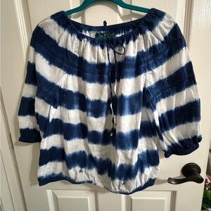 Lauren Ralph Lauren Navy and White Tie-Dye Peasant Blouse